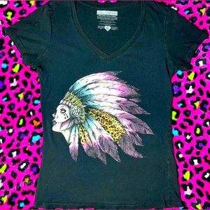 Large Metal Mulisha Black V-Neck T-Shirt with Feathered Headdress Design